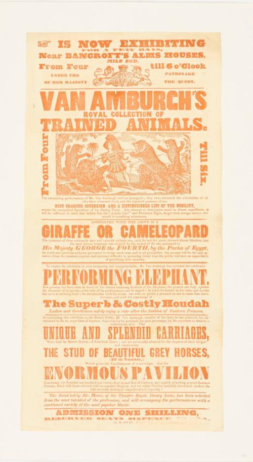 Playbill for Van Amburgh's Royal Collection of Trained Animals; Bancroft's Alms House. c. 1843