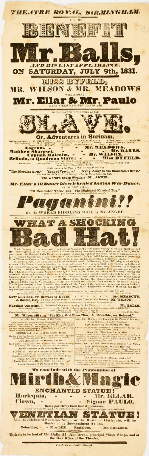 Playbill for Theatre Royal, Birmingham. July 9, 1831