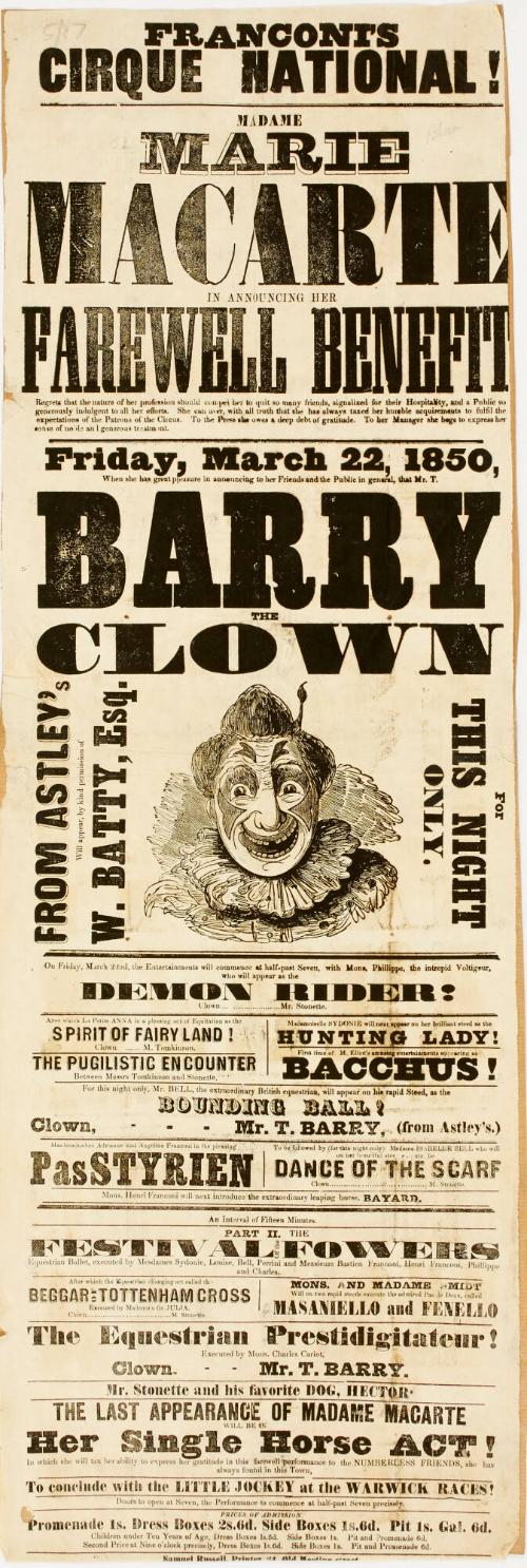 Playbill for Franconi's Cirque National, Birmingham. March 22, 1850