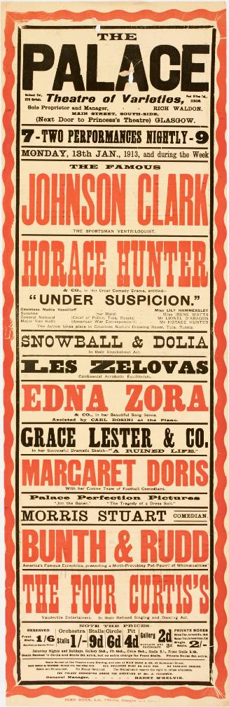 Playbill for The Palace Theatre of Varieties, Glasgow. January 13, 1913