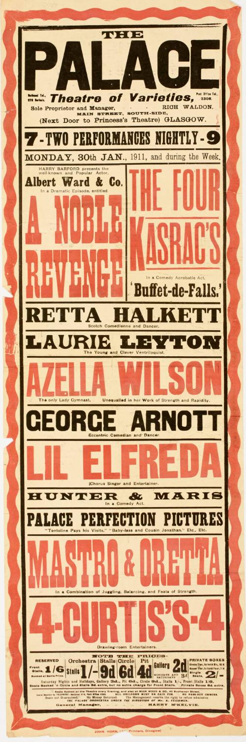 Playbill for The Palace Theatre of Varieties, Glasgow. January 30, 1911