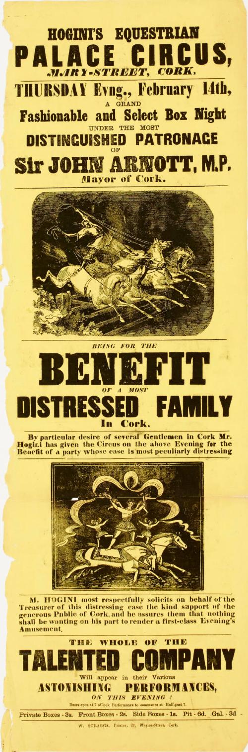 Playbill for Hogini's Equestrian Palace Circus, Cork. February 14, 1862