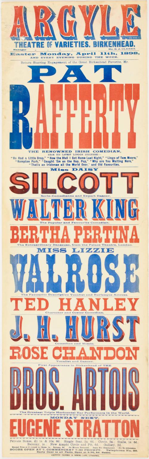 Playbill for The Argyle Theatre of Varieties, Birkenhead. April 11, 1898