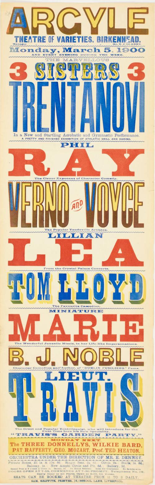 Playbill for The Argyle Theatre of Varieties, Birkenhead. March 5, 1900