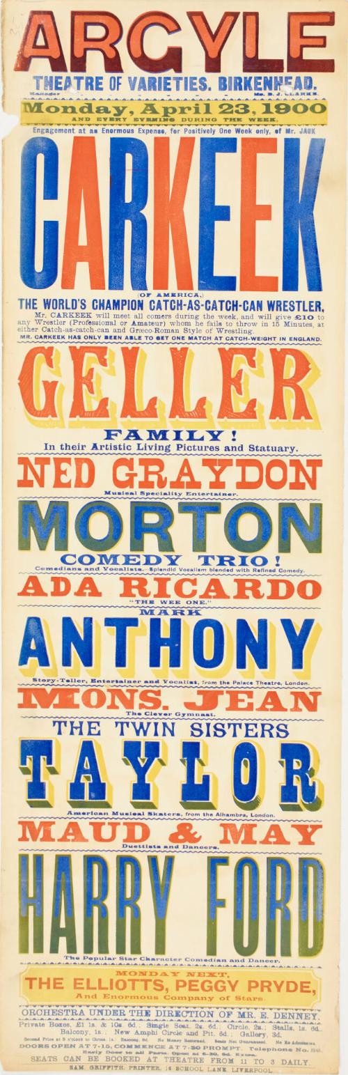 Playbill for The Argyle Theatre of Varieties, Birkenhead. April 23, 1900