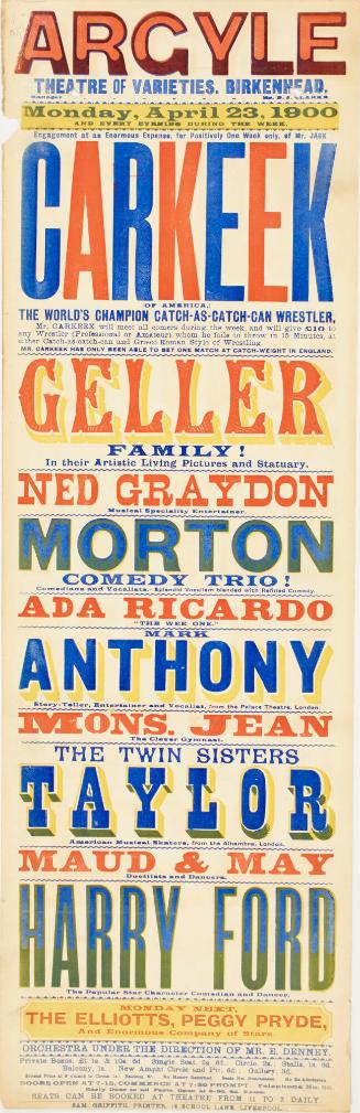 Playbill for The Argyle Theatre of Varieties, Birkenhead. April 23, 1900