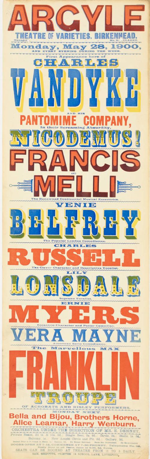 Playbill for The Argyle Theatre of Varieties, Birkenhead. May 28, 1900
