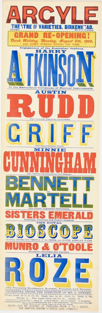 Playbill for The Argyle Theatre of Varieties, Birkenhead. August 6, 1900