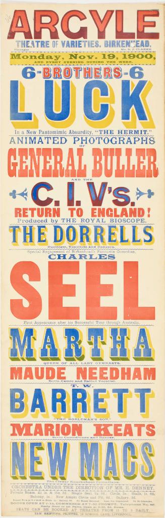 Playbill for The Argyle Theatre of Varieties, Birkenhead. November 19, 1900