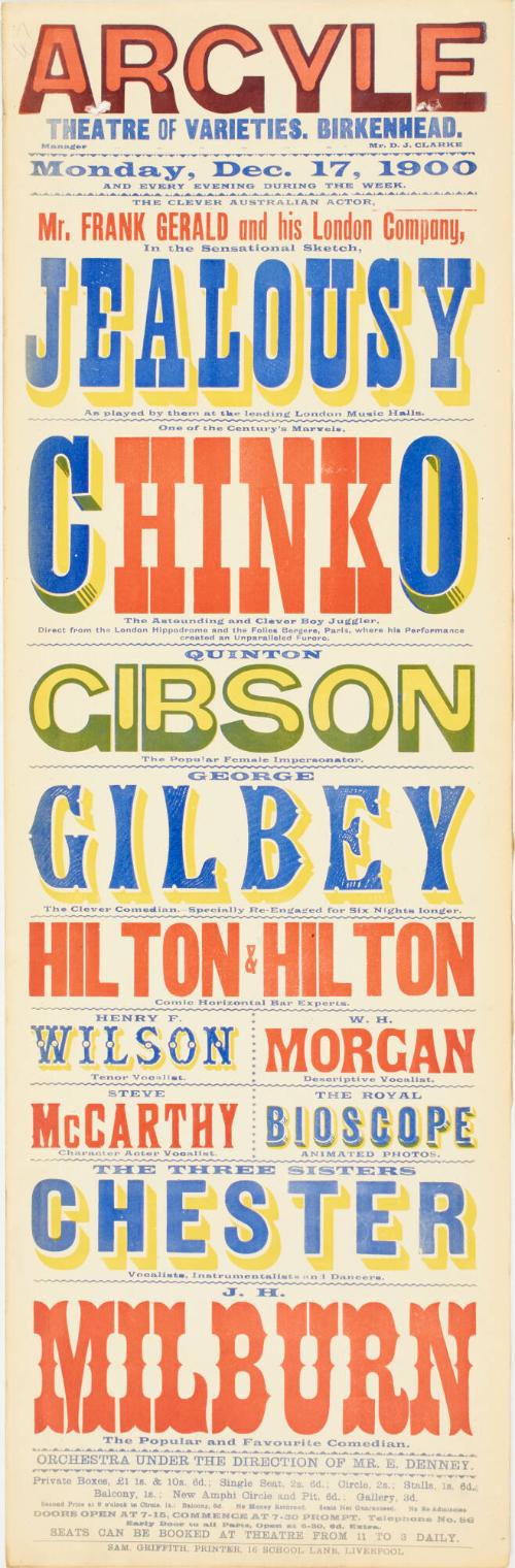 Playbill for The Argyle Theatre of Varieties, Birkenhead. December 17, 1900