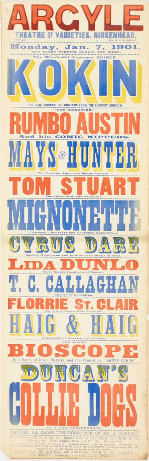 Playbill for The Argyle Theatre of Varieties, Birkenhead. January 7, 1901