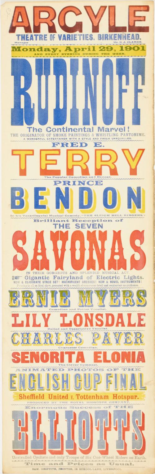 Playbill for The Argyle Theatre of Varieties, Birkenhead. April 29, 1901