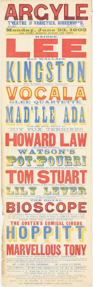 Playbill for The Argyle Theatre of Varieties, Birkenhead. January 13, 1902