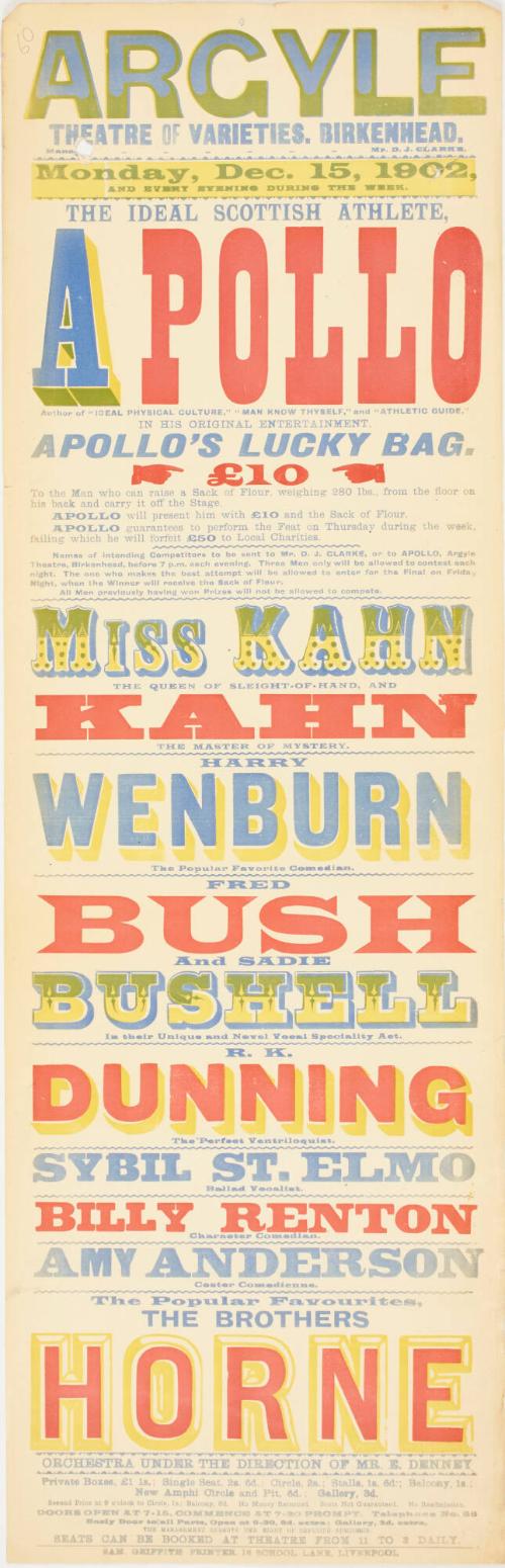 Playbill for The Argyle Theatre of Varieties, Birkenhead. December 15, 1902