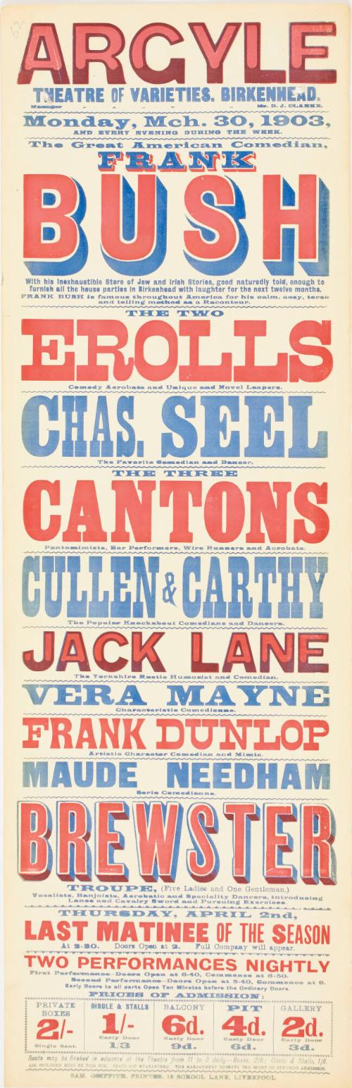 Playbill for The Argyle Theatre of Varieties, Birkenhead. March 30, 1903