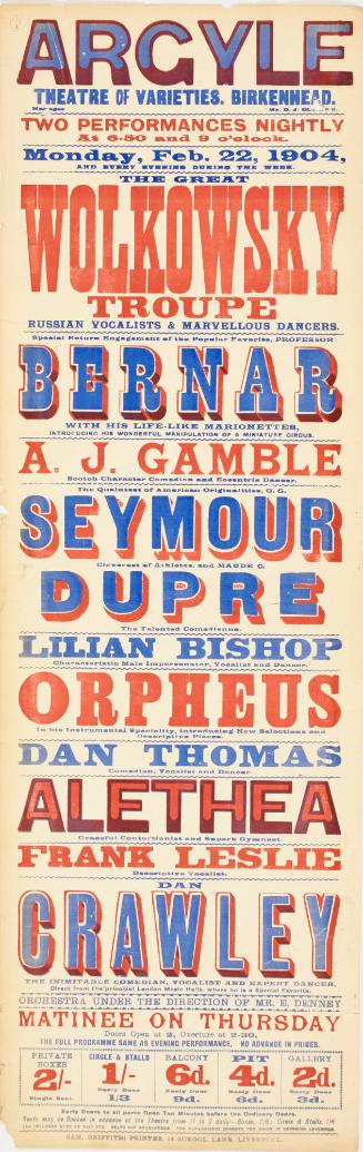 Playbill for The Argyle Theatre of Varieties, Birkenhead. February 22, 1904