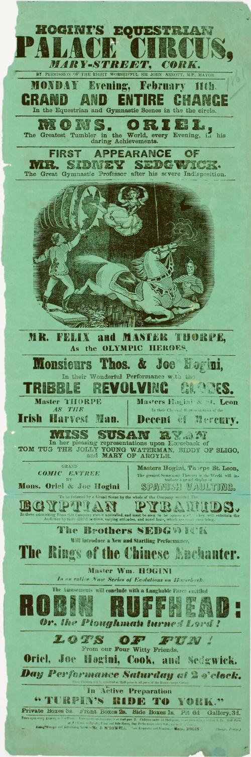 Playbill for Hogini's Equestrian Palace Circus, Cork. February 11, 1861