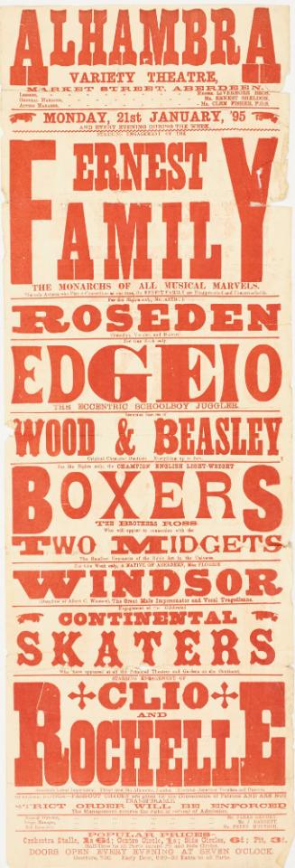 Playbill for Alhambra Variety Theatre, Aberdeen. January 21, 1895