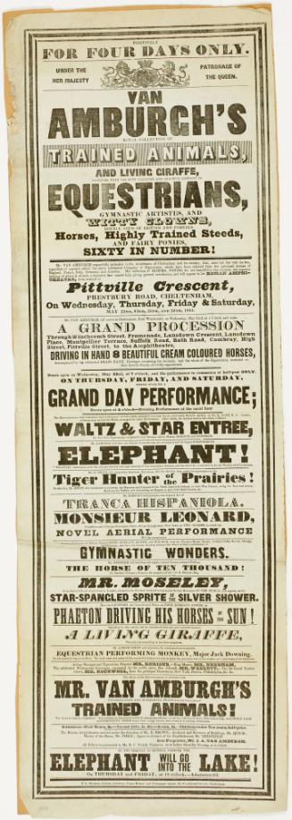 Playbill for Van Amburgh's Royal Collection of Trained Animals, Cheltenham. May 22-24, 1844