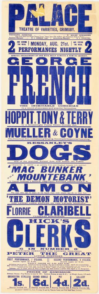 Playbill for Palace Theatre of Varieties, Grimsby. August 21, no year