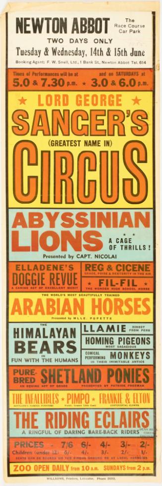 Broadside for Lord George Sanger's Circus, Newton Abbot. June 14-15, 1955.