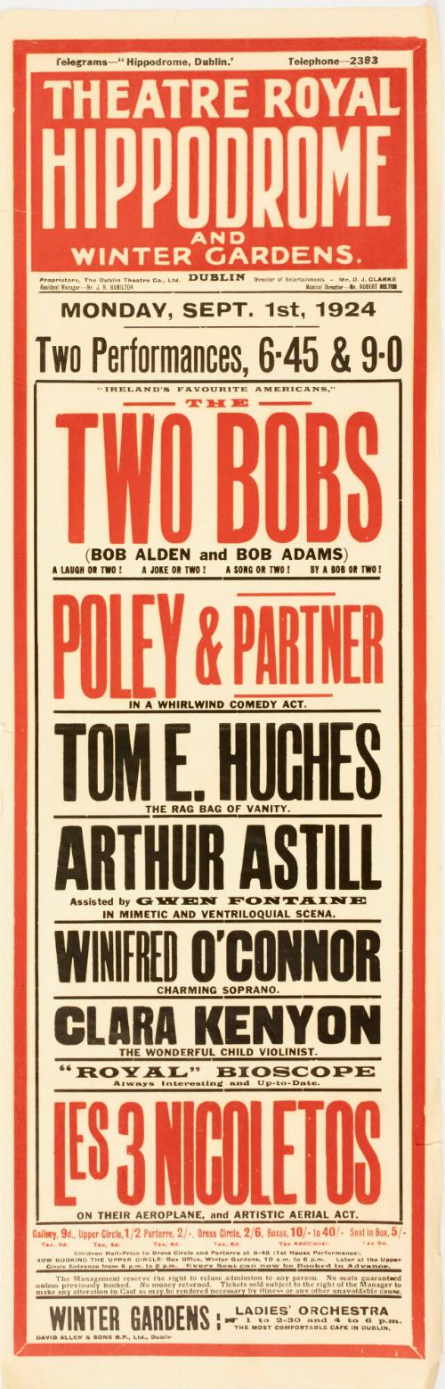 Playbill for Theatre Royal Hippodrome and Winter Gardens, Dublin. September 1, 1924