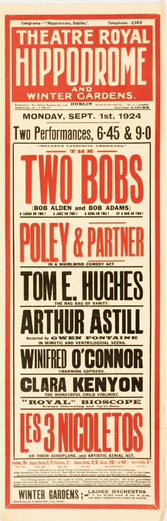 Playbill for Theatre Royal Hippodrome and Winter Gardens, Dublin. September 1, 1924