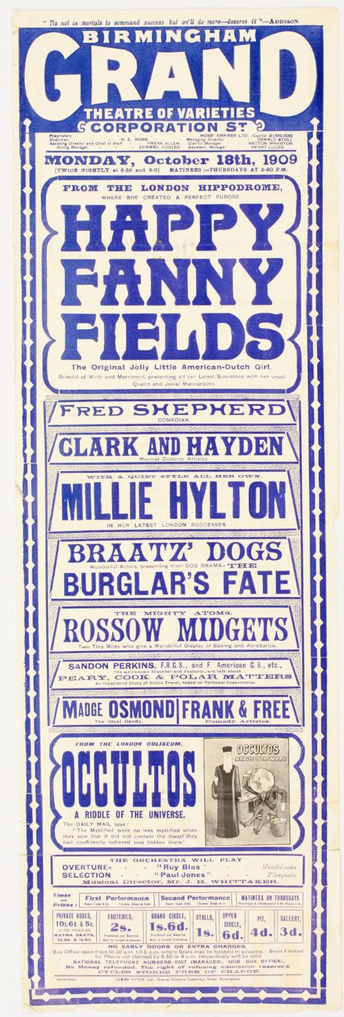 Playbill for Birmingham Grand Theatre of Varieties, October 18, 1909.