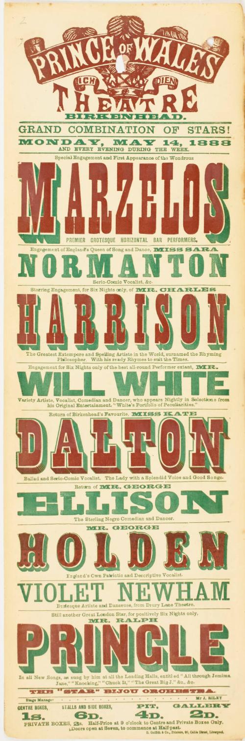 Playbill for Prince of Wales Theatre, Birkenhead. May 14, 1888