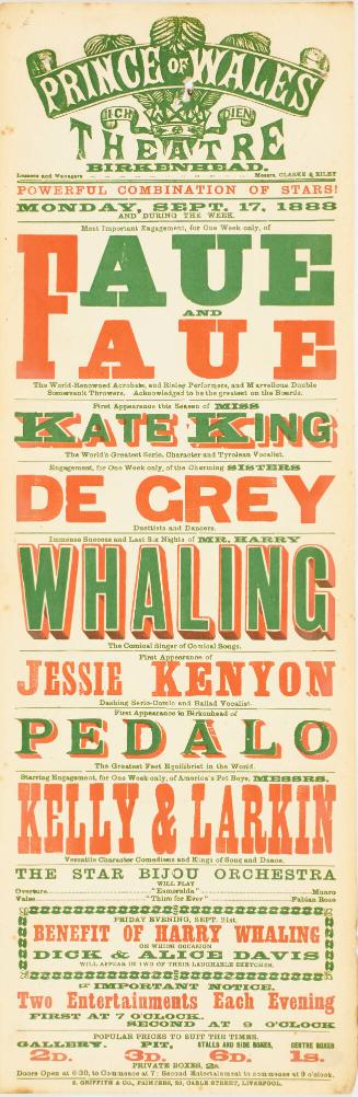 Playbill for Prince of Wales Theatre, Birkenhead. September 17, 1888