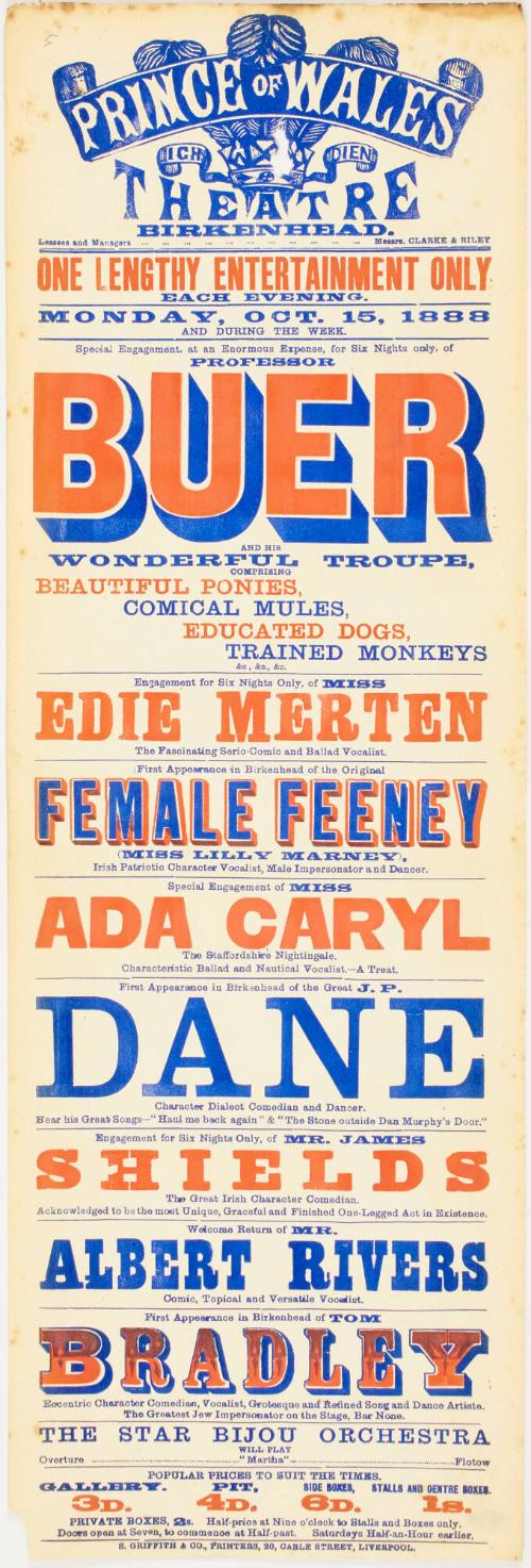 Playbill for Prince of Wales Theatre, Birkenhead. October 15, 1888
