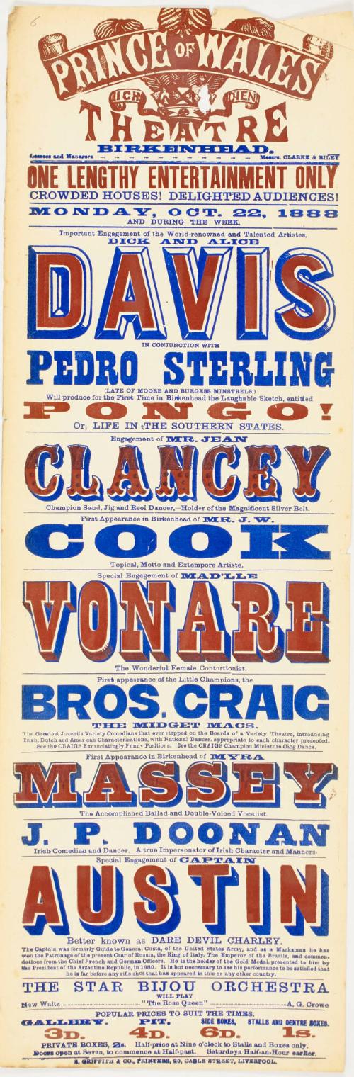 Playbill for Prince of Wales Theatre, Birkenhead. October 22, 1888
