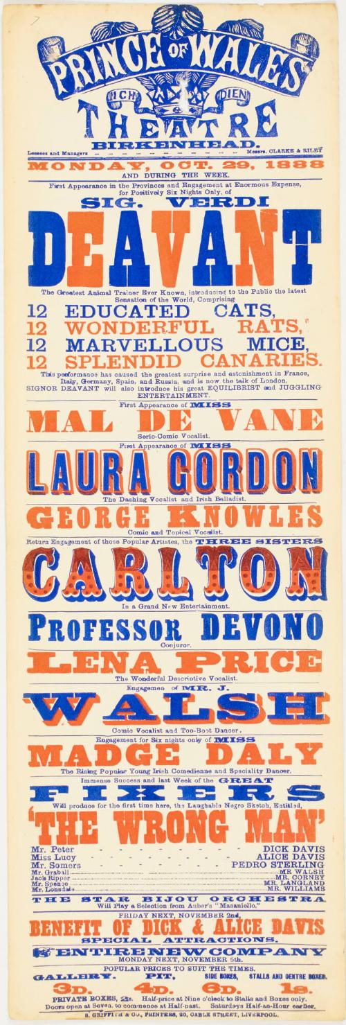 Playbill for Prince of Wales Theatre, Birkenhead. October 29, 1888