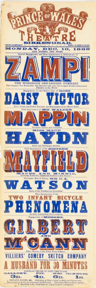 Playbill for Prince of Wales Theatre, Birkenhead. December 10, 1888