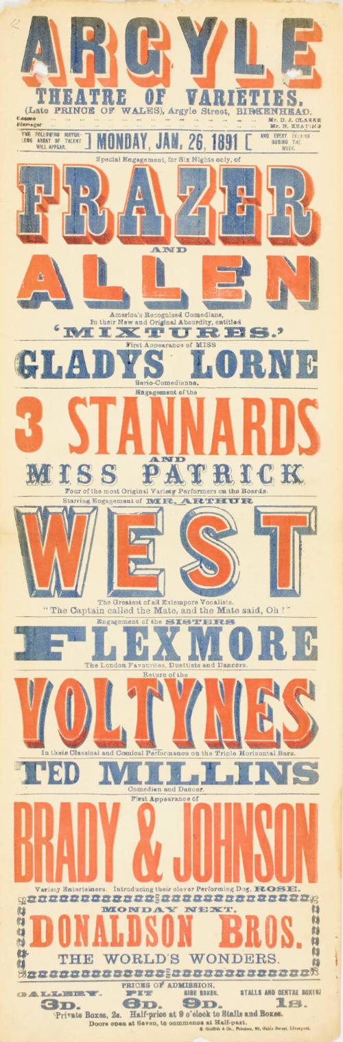 Playbill for The Argyle Theatre of Varieties, Birkenhead. January 26, 1891