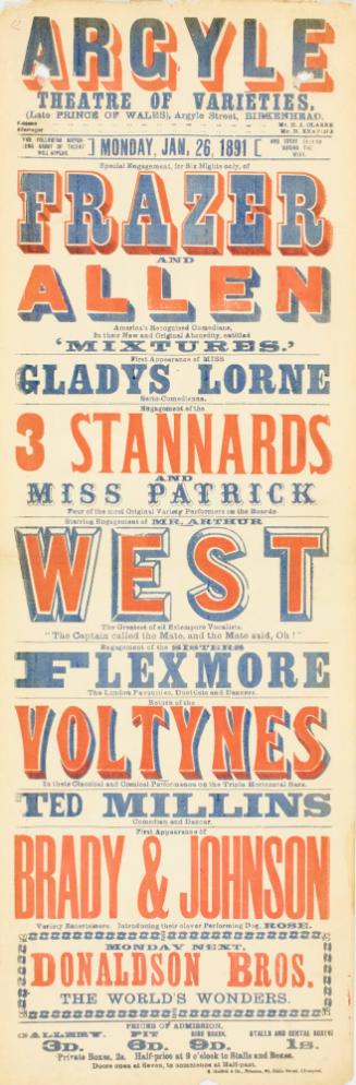 Playbill for The Argyle Theatre of Varieties, Birkenhead. January 26, 1891