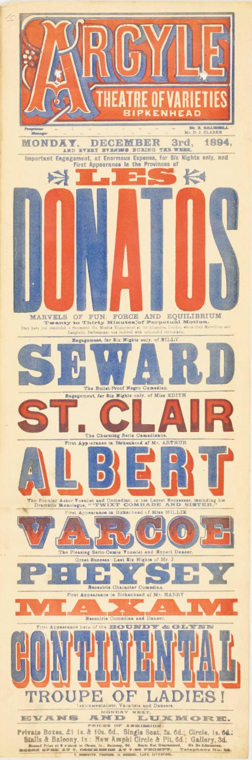 Playbill for The Argyle Theatre of Varieties, Birkenhead. December 3, 1894