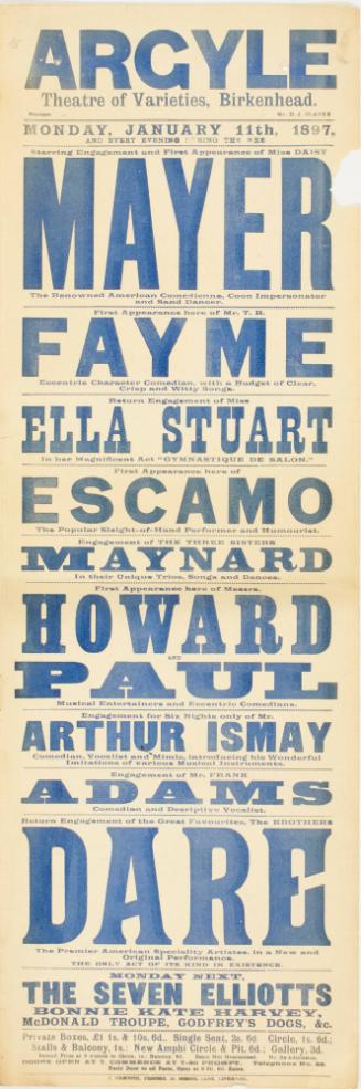 Playbill for The Argyle Theatre of Varieties, Birkenhead. January 11, 1897