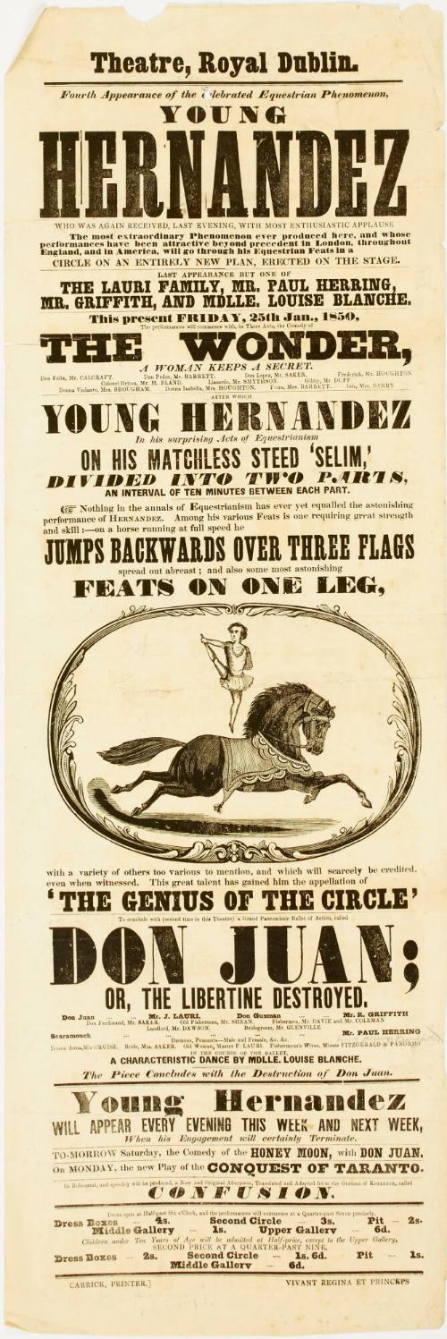 Playbill for Theatre Royal, Dublin. January 25, 1850