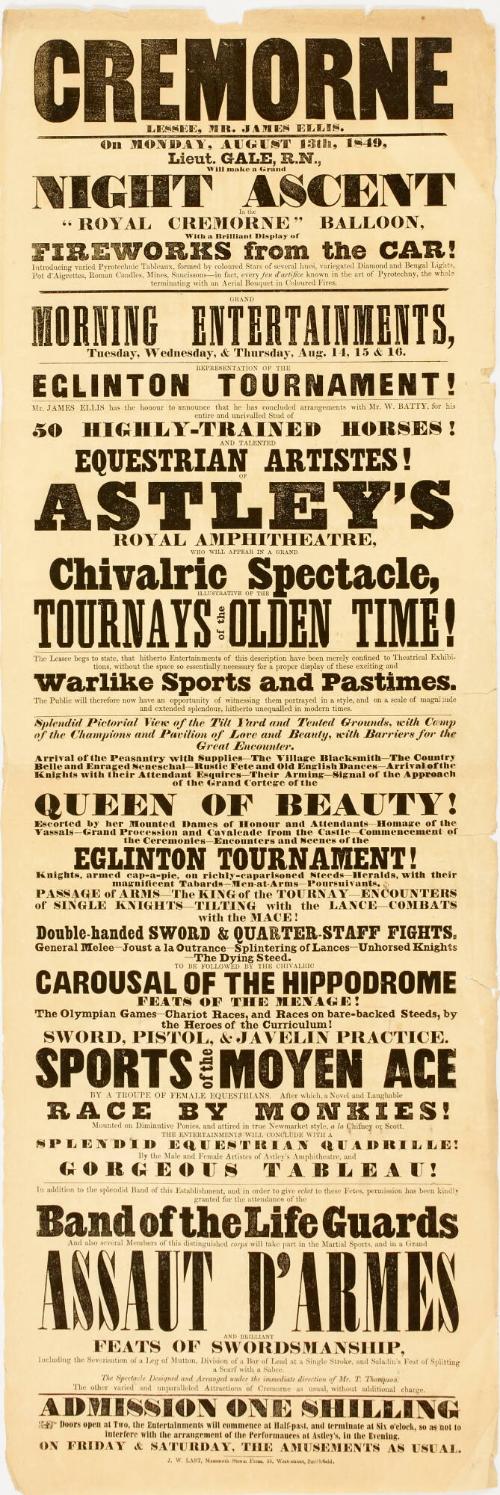 Playbill for Cremorne, London. August 13, 1849