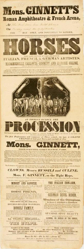 Playbill for Mons. Ginnett's Roman Amphitheatre and French Arena, Chard, September 19, 1845
