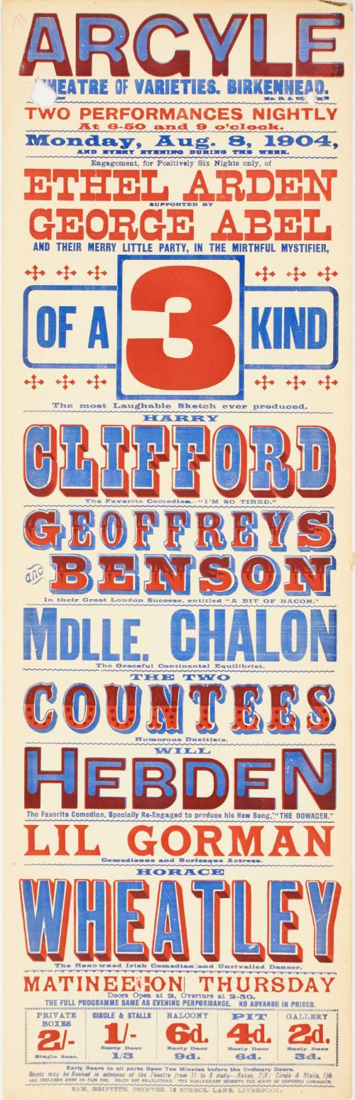 Playbill for The Argyle Theatre of Varieties, Birkenhead. August 8, 1904