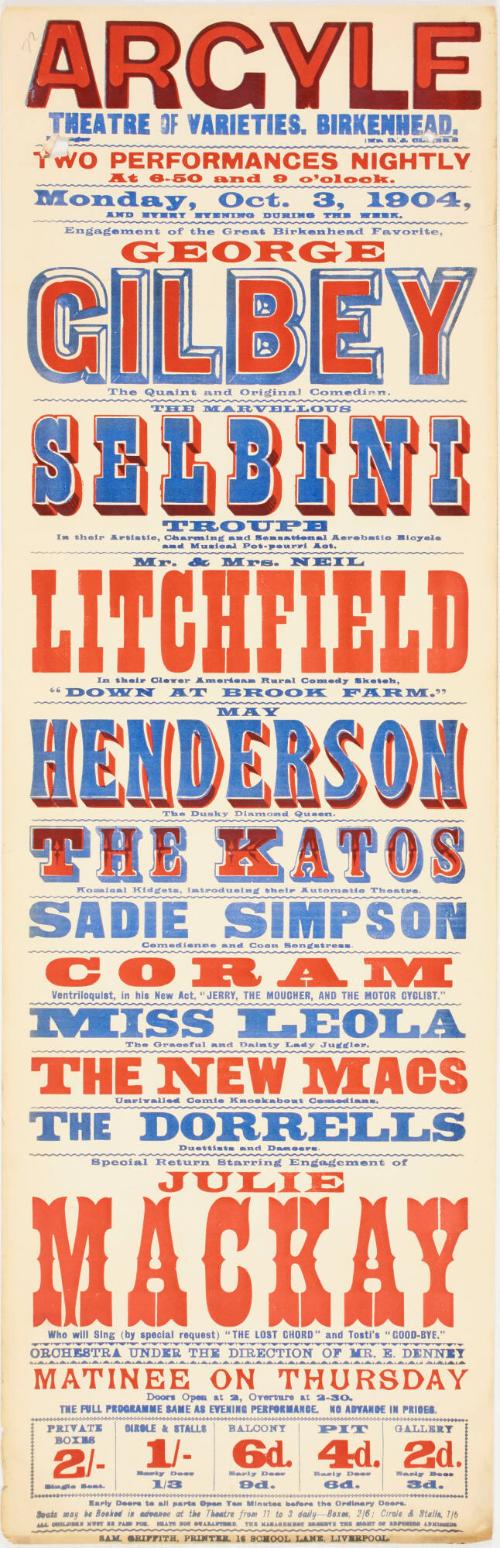 Playbill for The Argyle Theatre of Varieties, Birkenhead. October 3, 1904