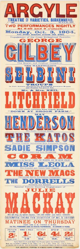 Playbill for The Argyle Theatre of Varieties, Birkenhead. October 3, 1904