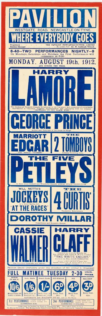 Playbill for Pavilion, Westgate Road, Newcastle on Tyne. August 19, 1912