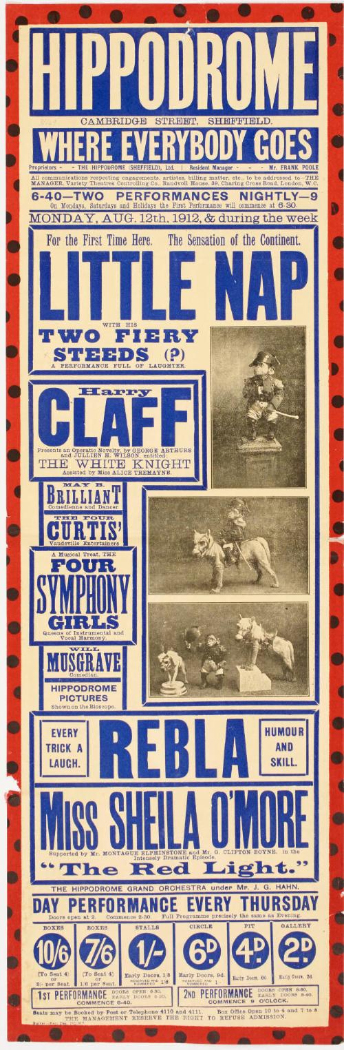 Playbill for Hippodrome, Cambridge Street, Sheffield. August 12, 1912