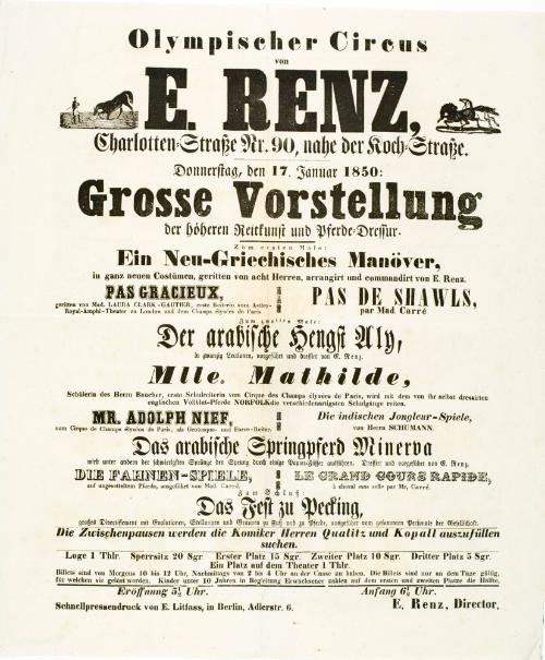 Olympischer Circus von E. Renz. Berlin. January 17, 1850