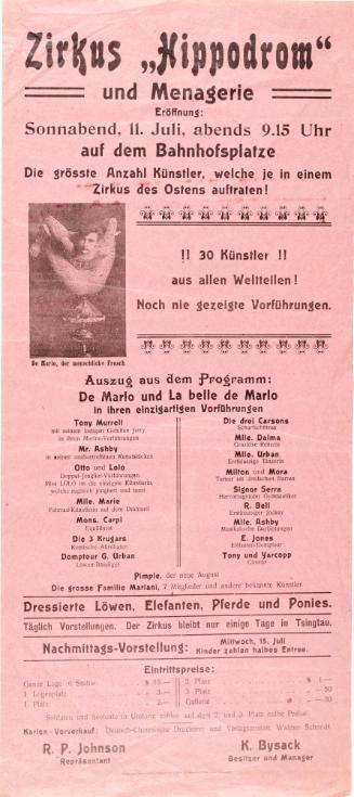 Zirkus Hippodrom und Menagerie. no date