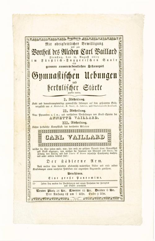 Grosses ausserordentliches Schauspiel in Gymnastischen Uebungen und herkulischer stärke. Augsburg. August 11, 1820