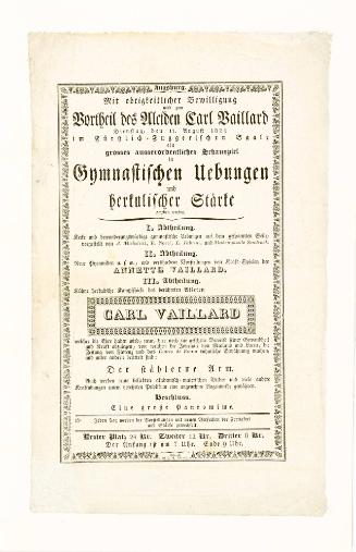 Grosses ausserordentliches Schauspiel in Gymnastischen Uebungen und herkulischer stärke. Augsburg. August 11, 1820